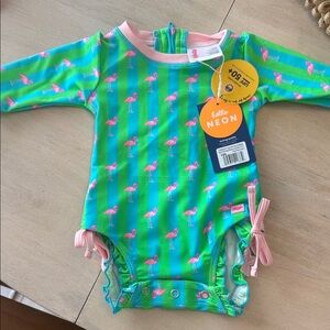 Ruffle Butts Green and Pink Flamingo Swimsuit